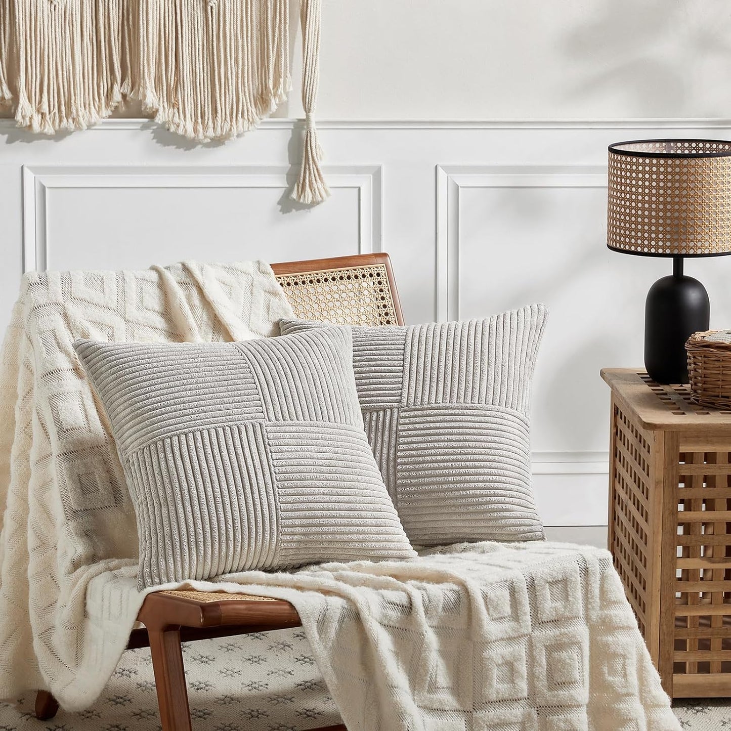 Fancy Homi 2 Packs Neutral Grey Big Decorative Throw Pillow Covers 24x24 Inch for Living Room Couch Bed, Rustic Farmhouse Boho Home Decor, Soft Corss Corduroy Patchwork Accent Square Cushion Case 60cm