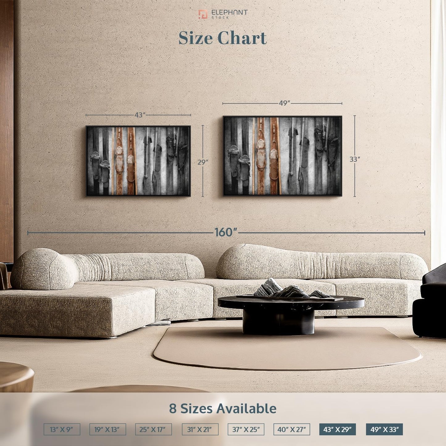 ElephantStock Ski Collection Wall Art - Horizontal Framed Canvas - 1-Piece Bathroom Wall Decor - Photography sports Canvas Print - Brown and Black Decor for Wall - 43" X 29"