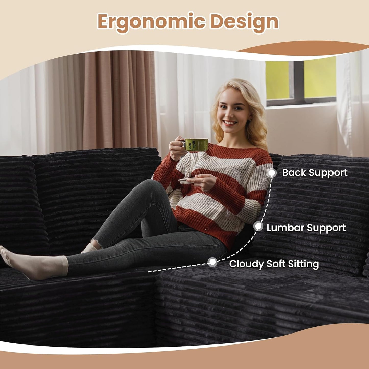 HOOOWOOO Cloud Sectional Couches for Living Room,Modular Sectional Sofa No Assembly,Plush Corduroy Large Floor Couch Furniture Set with Deep Seat Left L Shape and Chaise Lounge(Black)