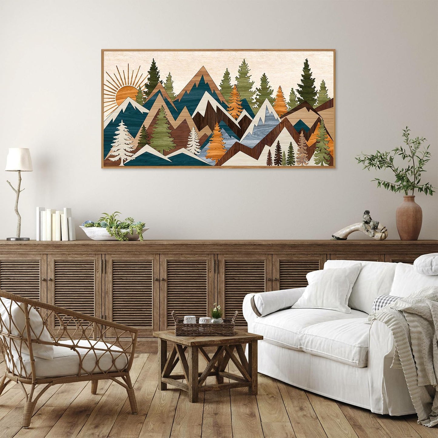 Tinonedraw Large Metal Mountain Framed Canvas Wall Art, Boho Rustic Sunrise Forest Wall Decor, 3 Piece Vintage Nature Artwork, Modern Wilderness Art Print for Living Room Bedroom Office 20"x40"