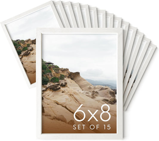 HAUS AND HUES 6x8 White Oak Wooden Picture Frame - Set of 15 6x8 Poster Frame - Premium Oak, Vertical Hang, Shatterproof Plexiglass - Ideal for Home, Room, Office (6x8-inch, White, Set of 15)