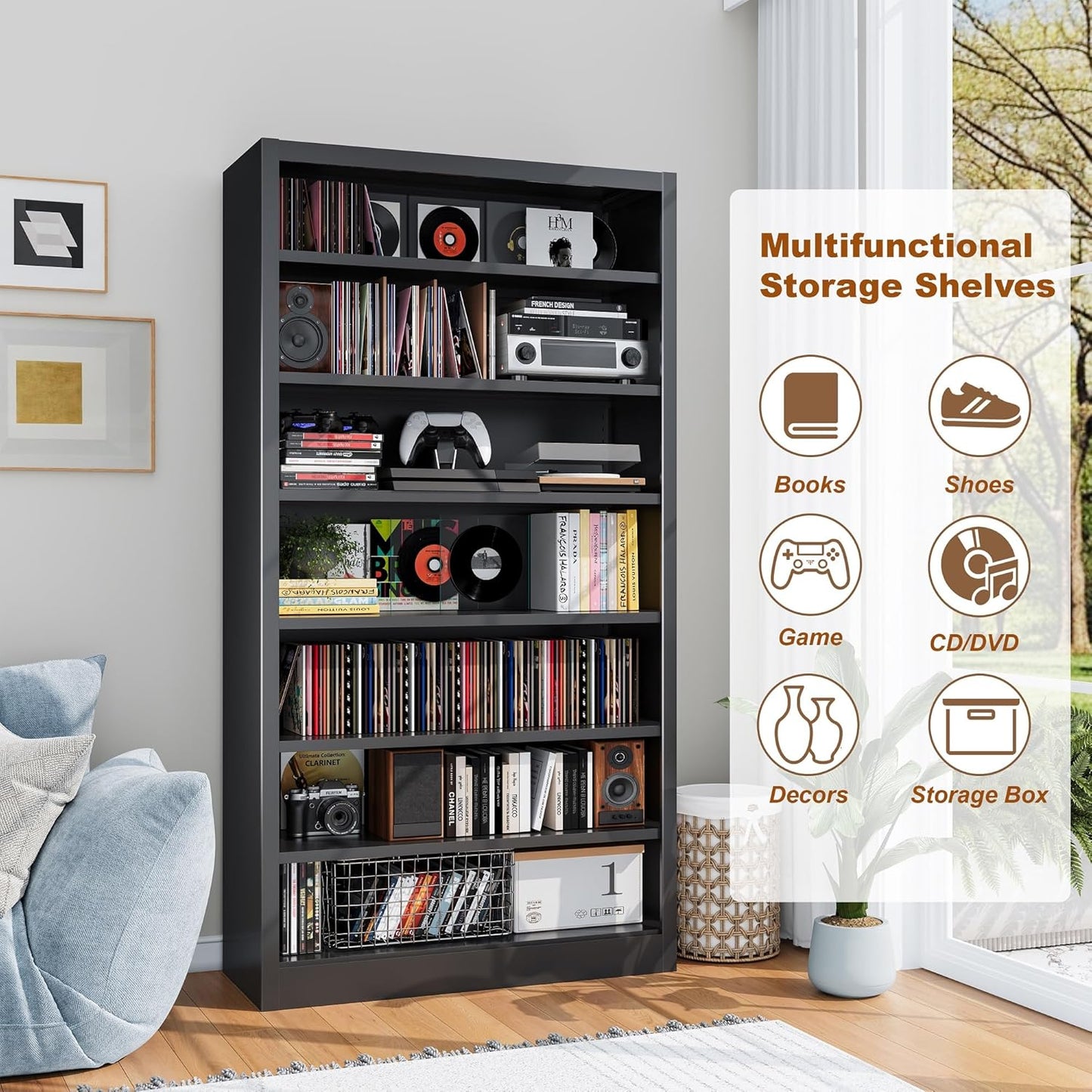 Metal DVD Storage Cabinets, 7-Tier CD Storage Rack with Adjustable Shelves, DVD Organizer Shelf, Media Shelves for CD Holder, Books, Games, Black Book Shelf for Living Room & Home Office (Black)