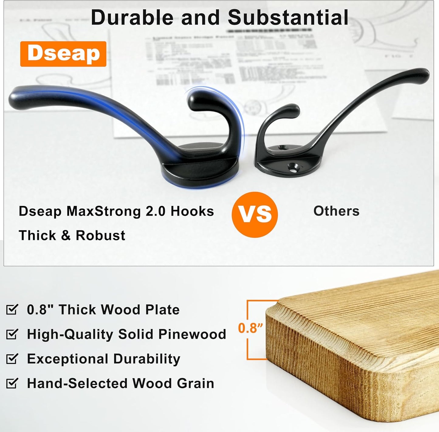 Dseap Coat Rack Wall: 24" Long, Patented, Heavy-Duty, 6-Double-Hooks Wooden Wall Mounted Coat Rack Coat Hanger Hook Rail for Winter Coats Hat Jacket Clothing, Light Brown