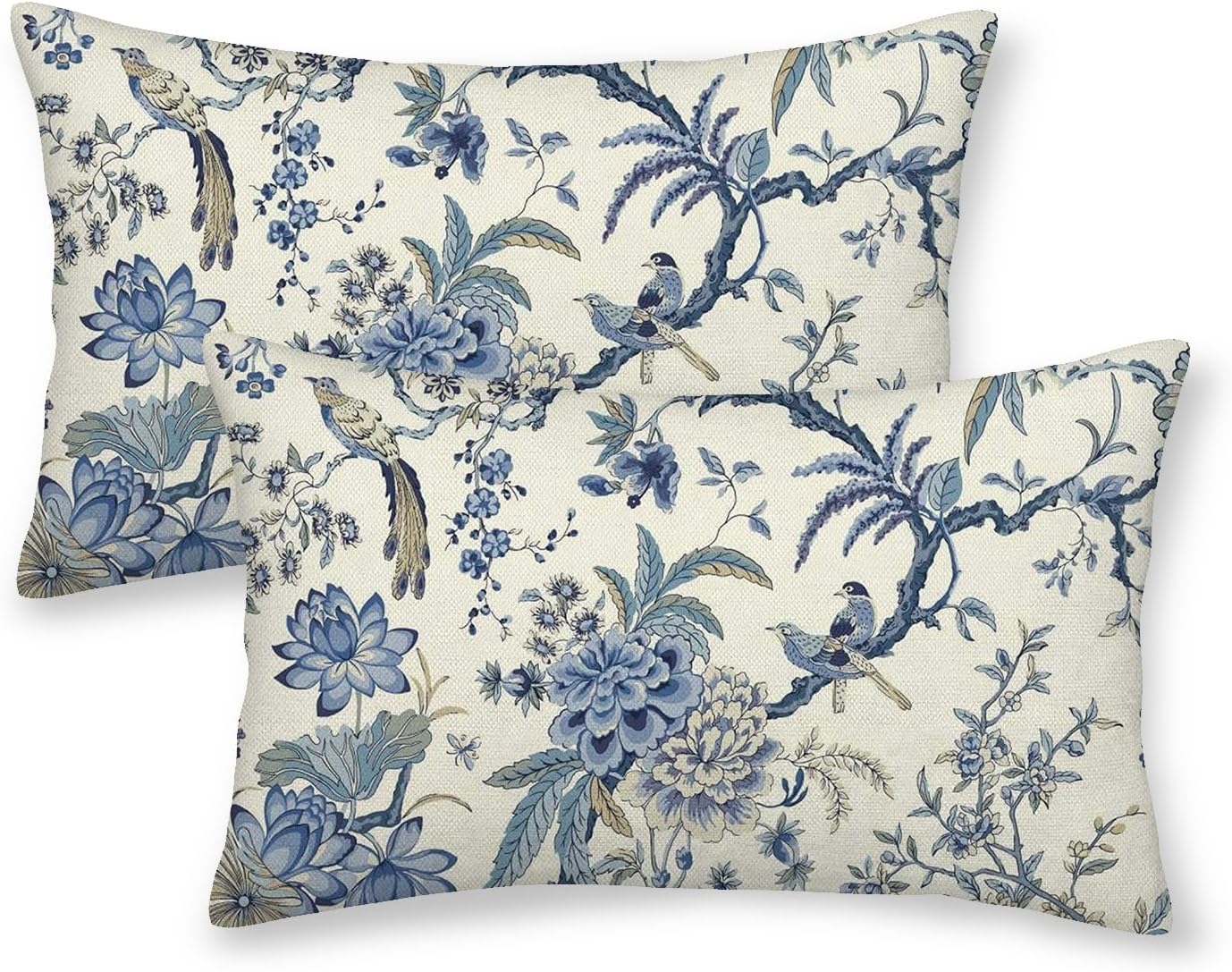 CXMEIFLY Spring Floral Birds Pillow Covers 12 x 20 Inch Set of 2 for Chinoiserie Flowers Decor Throw Pillows Blue and White Plant Outdoor Decorative Cushion Cases for Couch Bed Decorations