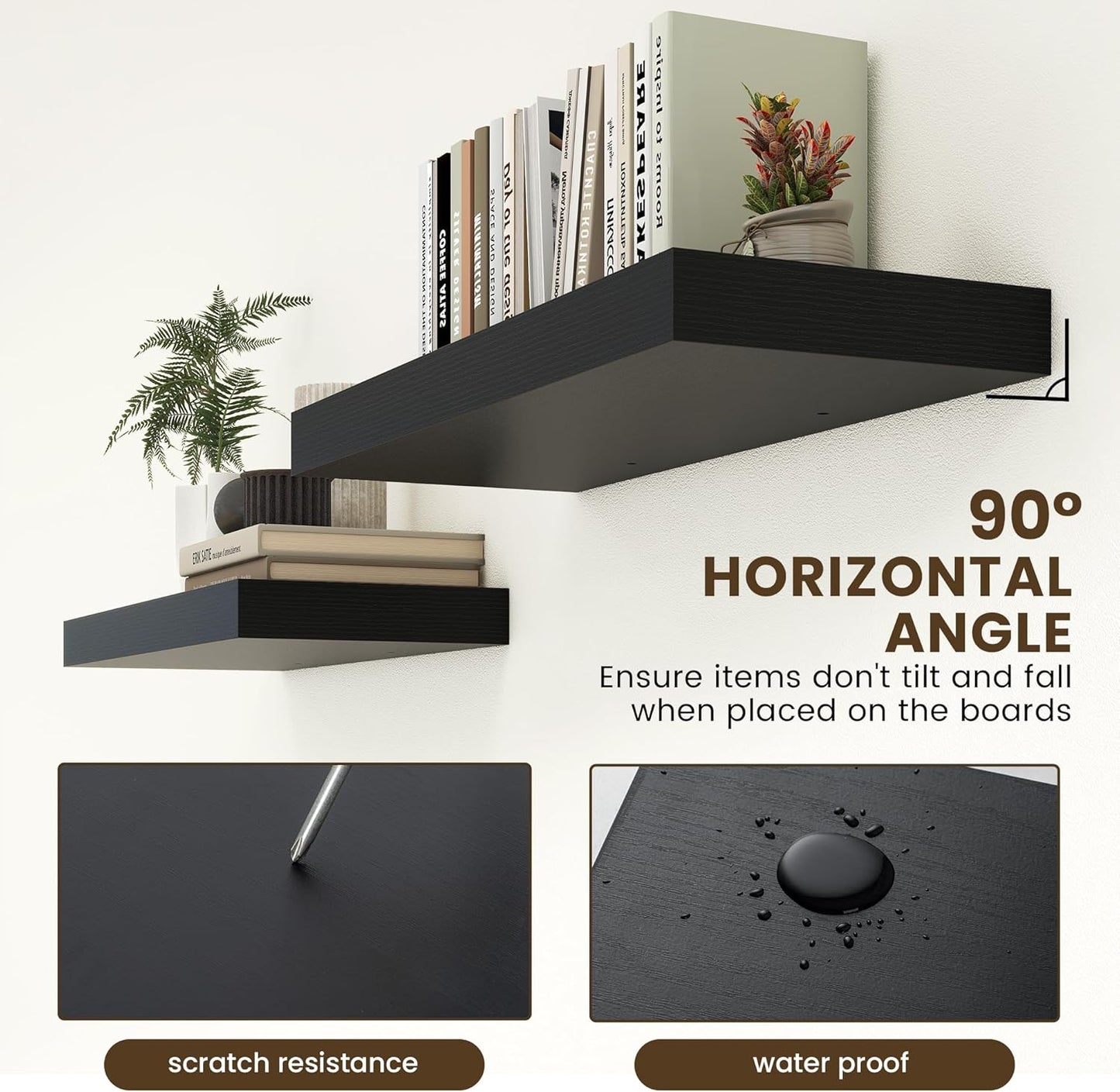 Deep Floating Shelves for Wall | 30W x 12D Black Floating Shelves Set of 2 | 12 Inch Deep Wall Shelves for Living Room Bathroom Laundry Room Bedroom Kitchen Home Office - Black