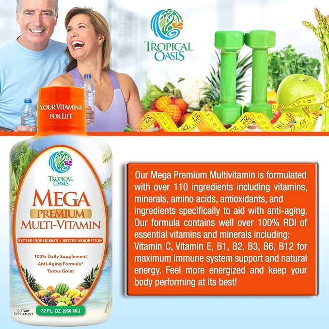 Mega Premium Liquid Multivitamin 1333% Vitamin 200% D3, D3, Zinc 20 Vitamins, 70 Minerals, 21 Amino 98% Absorption 32 Serv
