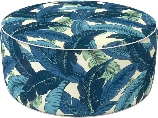 LVTXIII Indoor/Outdoor Inflatable Ottoman, D31 x H14 Inch Large Round Ottoman, All Weather Foot Rest Stool, Portable Footrest for Patio, Garden, Camping and Home - Swaying Palms Blue