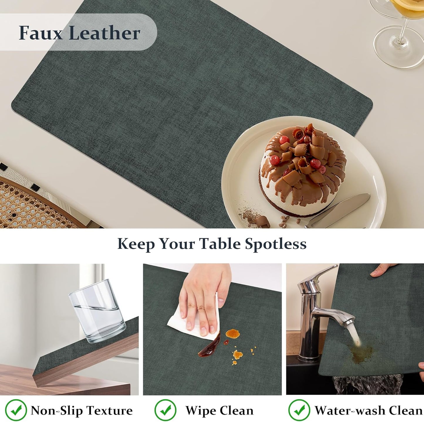 FROMHEART Faux Leather Placemats Set of 6–Waterproof,Heat/Oil Stain-Resistant PU Table Mat–Reversible,Non-Slip,Easy to Clean Place Mats for Kitchen,Dining,Indoor/Outdoor,(Dark Green,11.8" x 17")