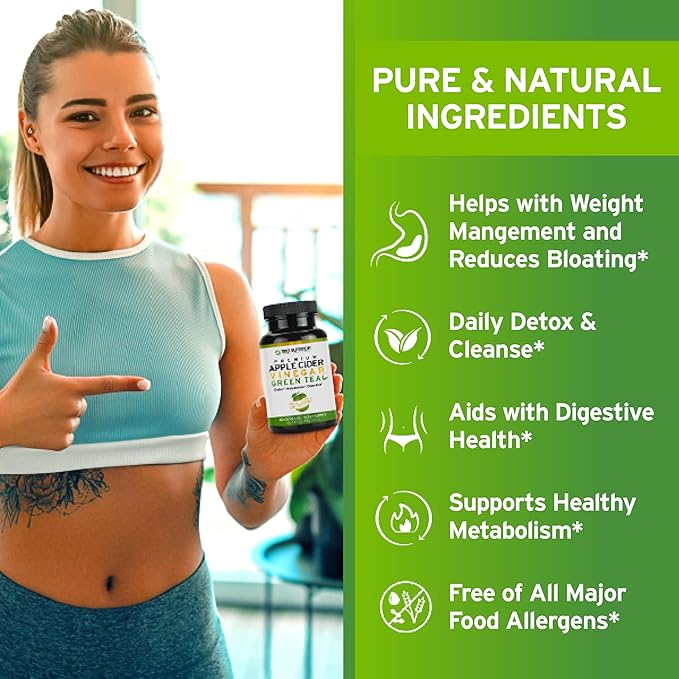 TRIO NUTRITION Apple Cider Vinegar Capsules with Green Tea - Sugar Free Apple Cider Vinegar Pills with The Mother for Body Cleanse, Immune, Weight Management & Metabolism Support*