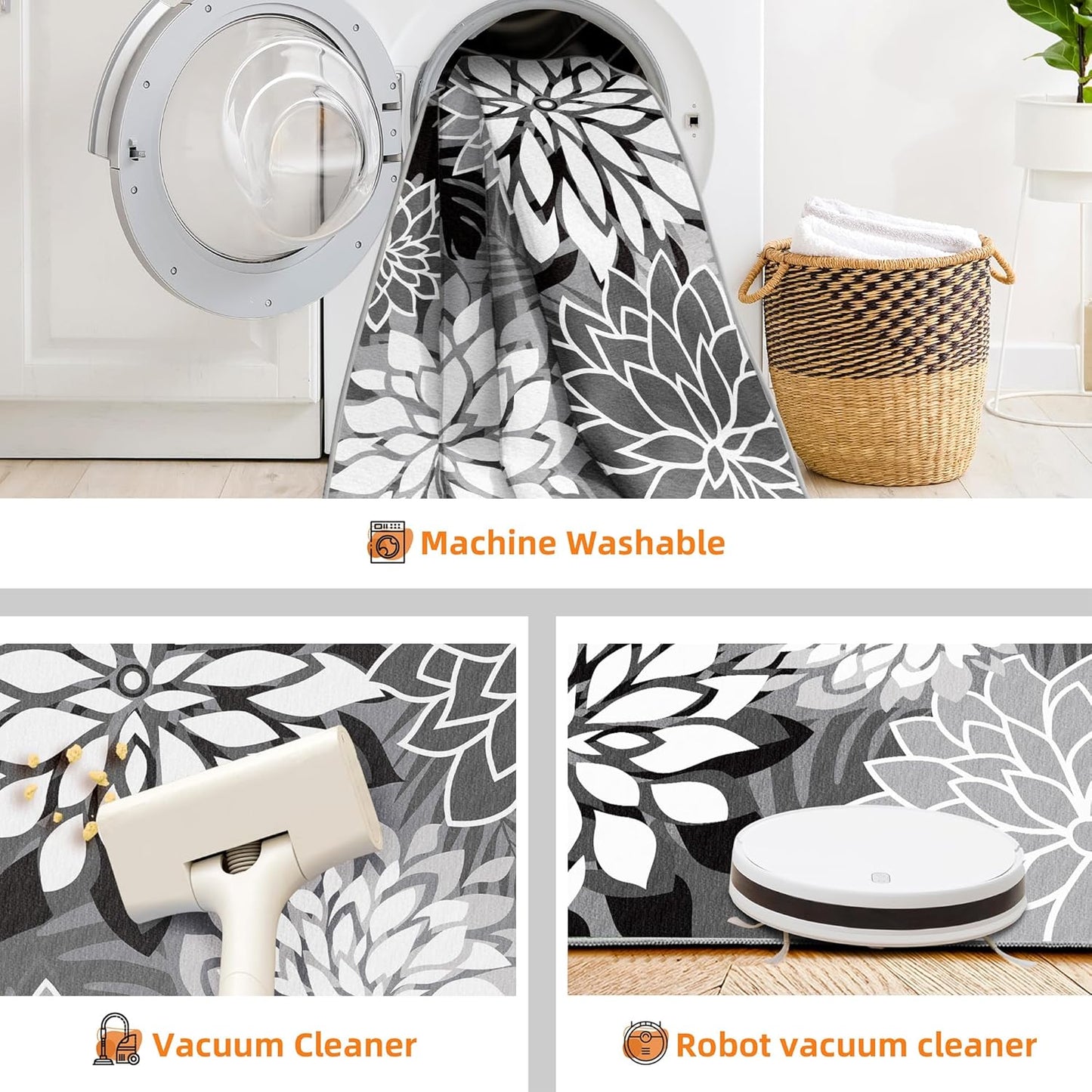 Indoor Outdoor Area Rug Washable Multicolored Rug Tropical Botanical Modern Floral Indoor Outdoor Carpet Black White Rug Non Slip Non Shedding for Patio, Deck, Backyard, Porch (5x8)