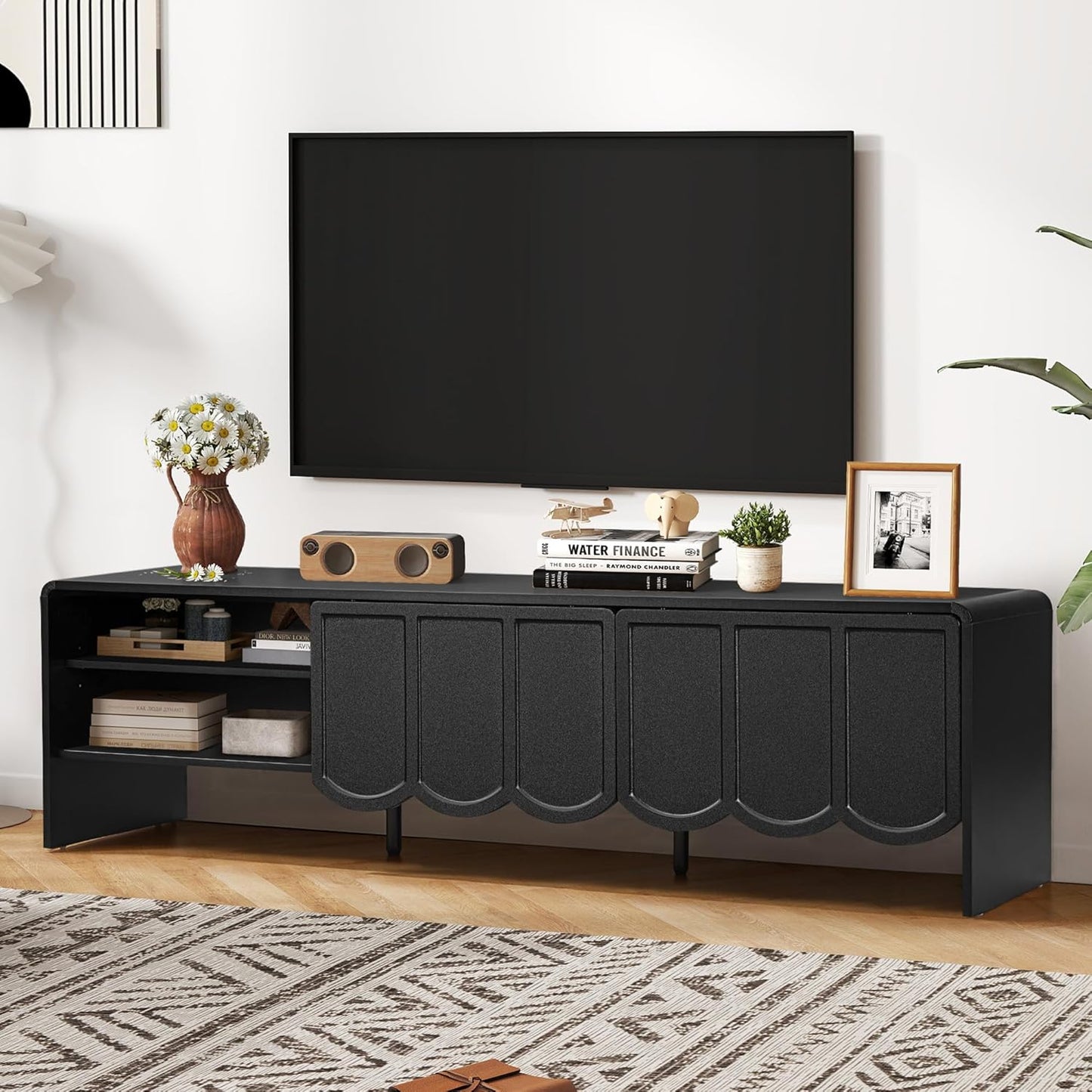 ORRD 63'' TV Stand, Modern TV Console Table Wave Panel Television Stands Entertainment Media Center with Storage Compartment and Sliding Door for Living Room (Black)