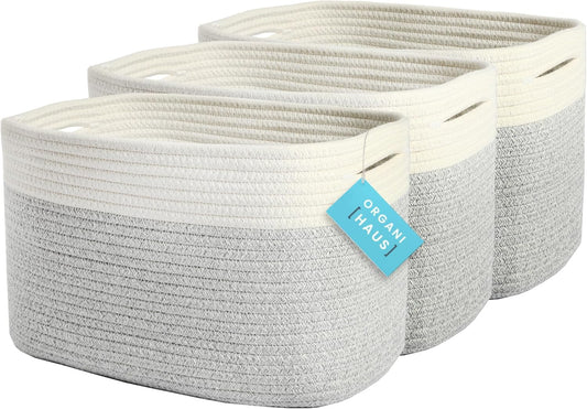 OrganiHaus Set of 3 Woven Storage Baskets for Organizing, Cotton Rope Organizer Bins for Shelves, Closet & Nursery, Dog Toy Basket, Decorative Bins for Toys, Towels & Books - 15x10x9, Grey