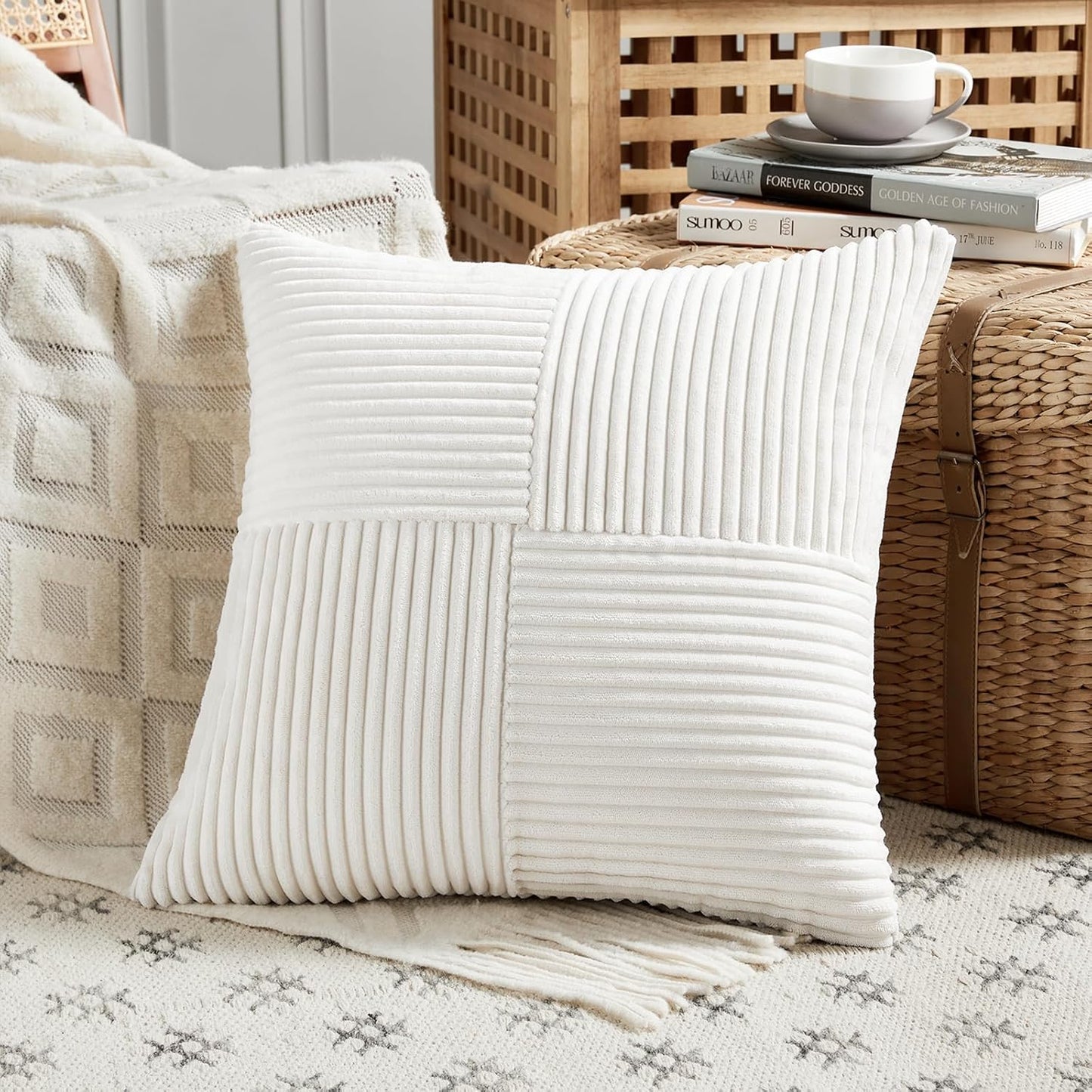 Fancy Homi 2 Packs Cream White Decorative Throw Pillow Covers 22x22 Inch for Living Room Couch Bed, Rustic Farmhouse Boho Home Decor, Soft Corss Corduroy Patchwork Accent Square Cushion Case 55x55 cm