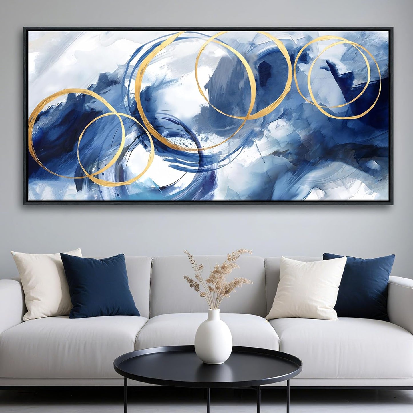 AJAZIKO Blue Abstract Wall Art Modern Navy Blue and Gold Pictures for Living Room Paintings Office Artwork Wall Decor Framed Canvas Wall Art Bedroom Wall Decor Above Bed 20×40IN