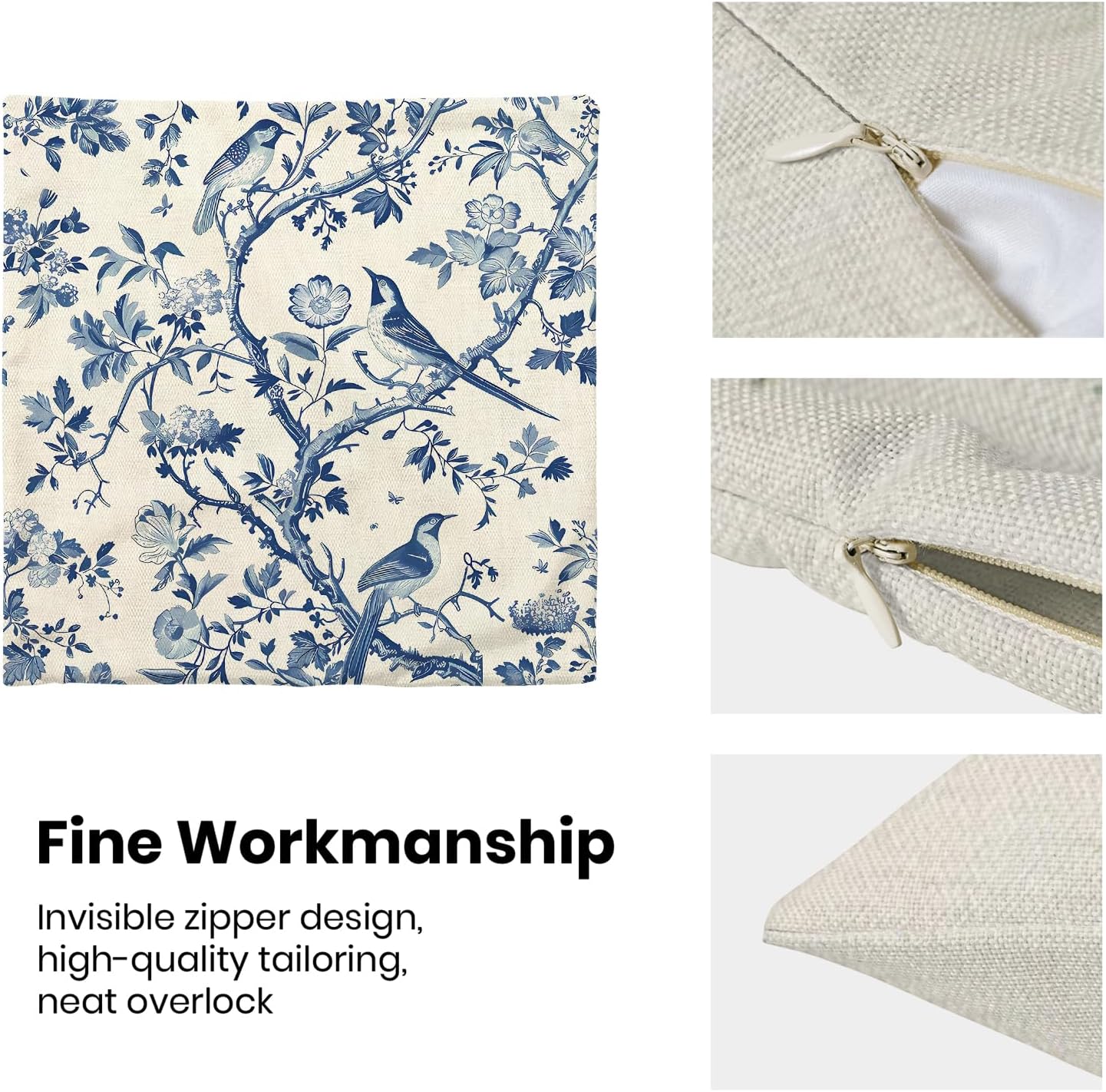 CXMEIFLY Spring Floral Pillow Covers 18 x 18 Inch Set of 2 for Navy Blue Chinoiserie Flowers Bird Decor Throw Pillows Vintage Plant Outdoor Decorative Cushion Cases for Couch Bed Decorations