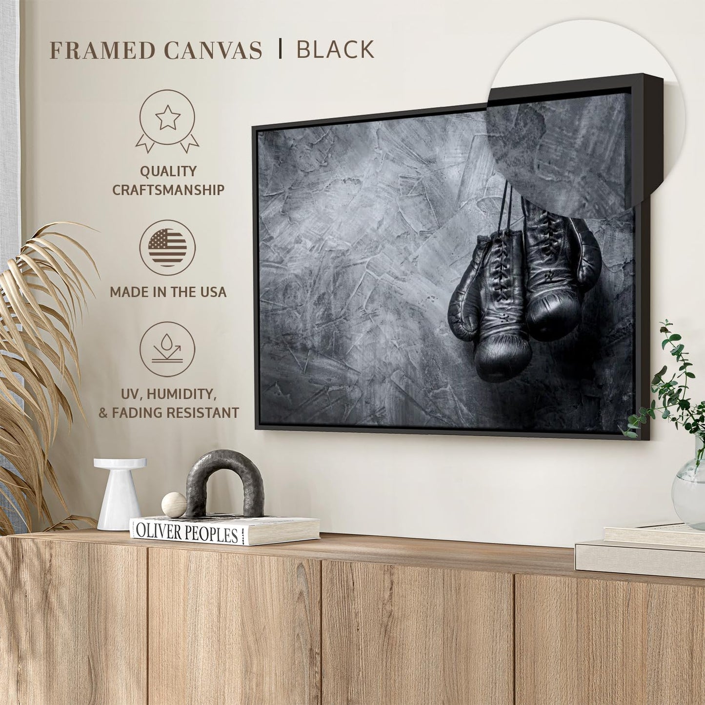 ElephantStock Boxing Gloves Wall Art - Horizontal Framed Canvas - 1-Piece Living Room Wall Decor - Photography Sports Canvas Print - Black and Gray Decor for Wall - 25" X 17"