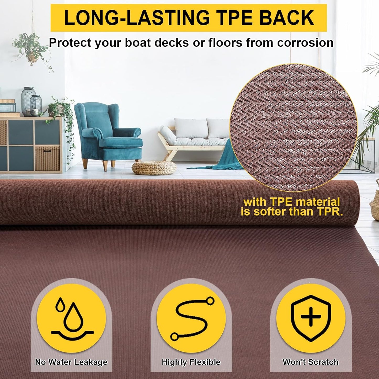 Marine Carpet,6 FT x 23 FT Brown Indoor Outdoor Carpet 0.2" Thick Boat Carpet with Water-Proof TPE Backing, Non-Slide Outdoor Marine Carpet Roll for Home, Patio, Porch, Deck