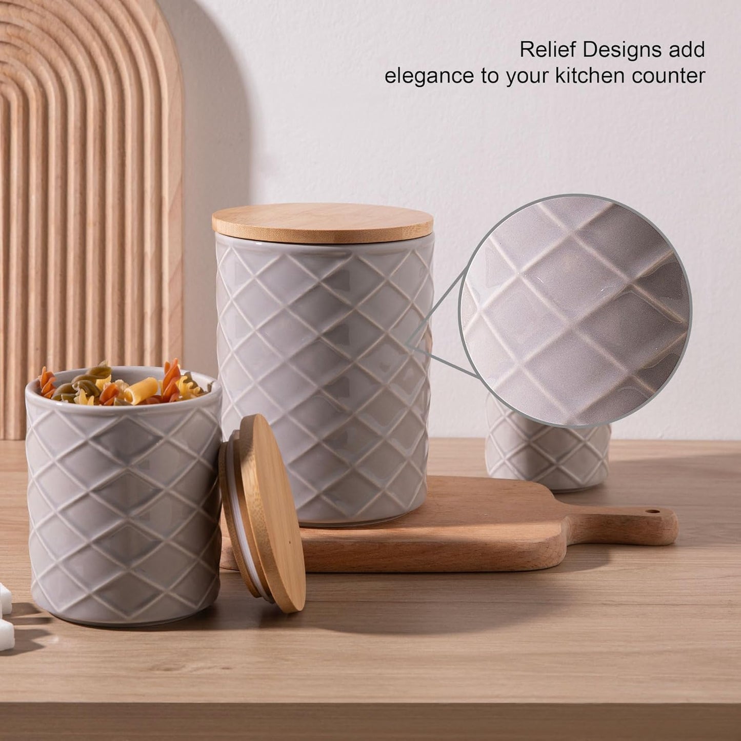 Sweejar Ceramic Canisters Sets for Kitchen Countertop, Relief Food Storage Jar with Bamboo Lid, Stackable Container for Flour, Coffee, Pasta, Cereal, Tea, Cookies, Sugar, Spices, Pack of 4 (Gray)