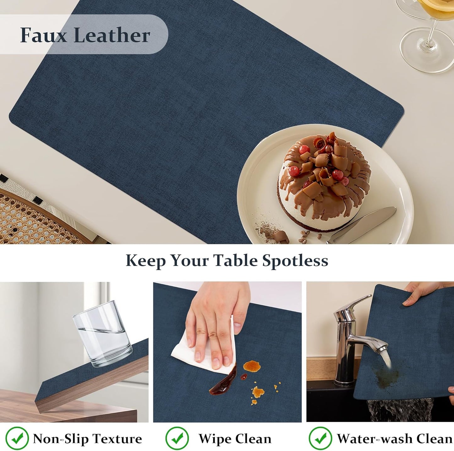 FROMHEART Faux Leather Placemats Set of 12–Waterproof,Heat/Oil Stain-Resistant PU Table Mat–Reversible,Non-Slip,Easy to Clean Place Mats for Kitchen,Dining,Indoor/Outdoor,(Dark Blue,11.8" x 17")