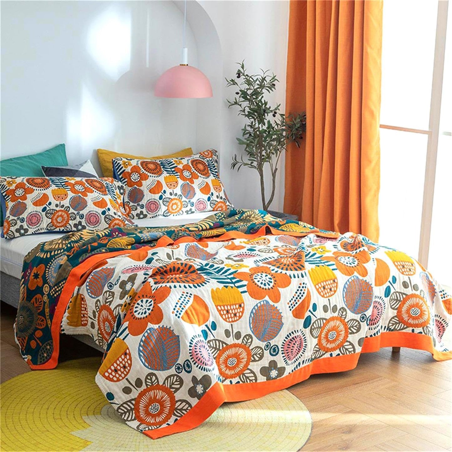 Cotton Throw Blanket for Couch Bed 100% Cotton Quilt 90''x 98'', Boho Floral Blanket Cozy Soft Muslin Farmhouse Bed Blanket Decorative Christmas Blankets Gifts for Women Mom