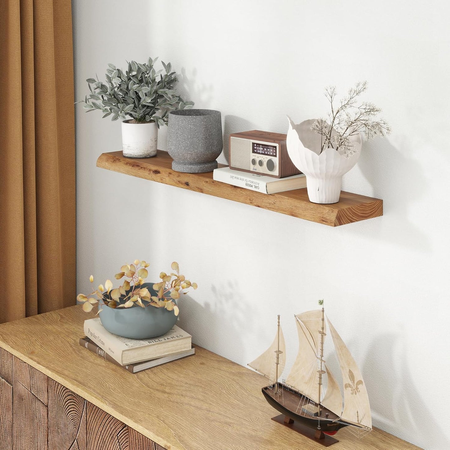 Fun Memories 40" Floating Shelves for Wall, Live Edge Solid Elm Wood Floating Shelf with Invisible Bracket, Wall Mounted Display Wooden Shelves for Bathroom, Kitchen, Bedroom, Natural Color, Set of 1