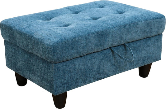 Ottoman Rectangular Storage Ottoman Bench, Flannel Footrest Stool Footstool with Lid for Living Room, Bedroom, Entryway, Blue, 34"x22.8"x17.5"