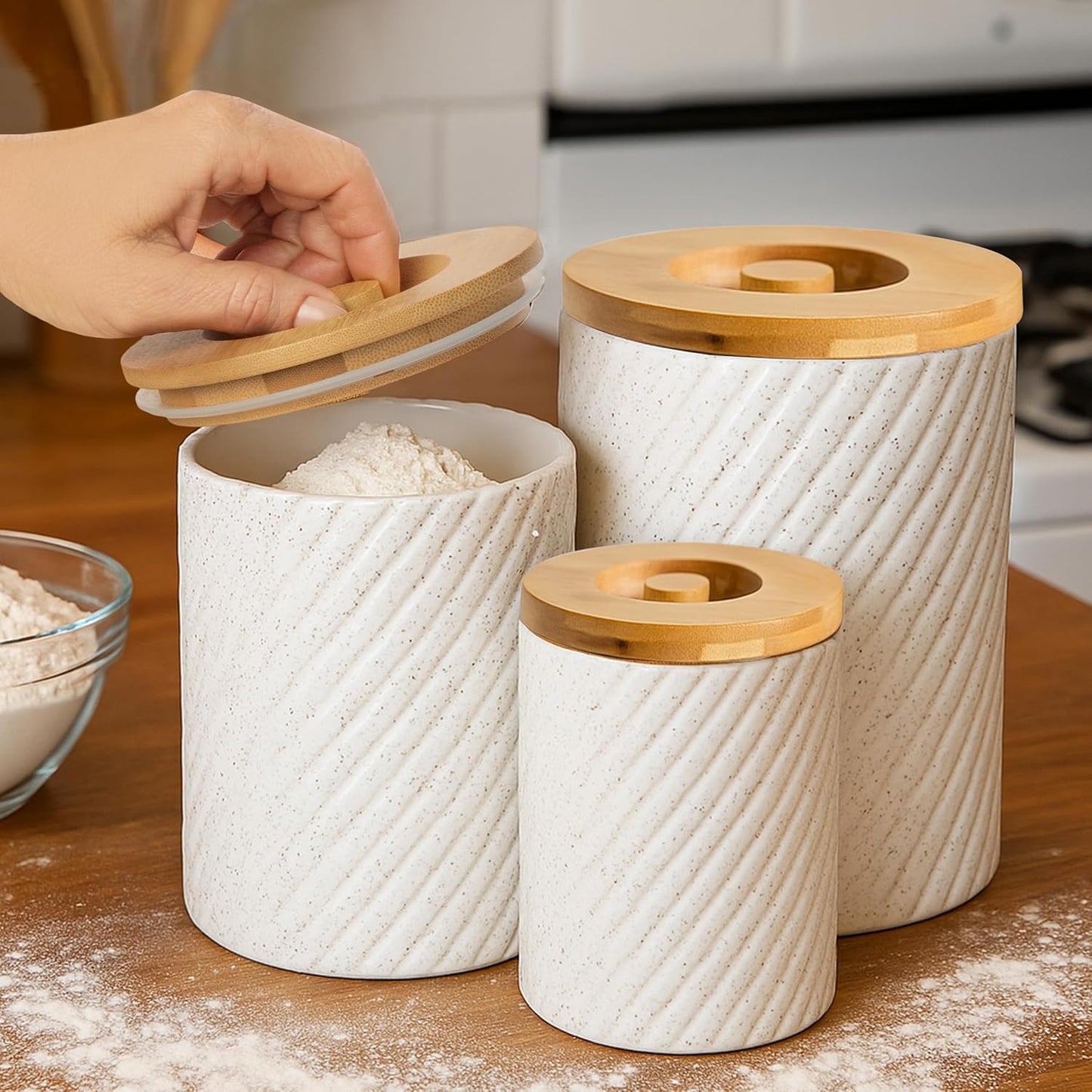 Ceramic Canister Set for Kitchen Countertop & Pantry – 3 Airtight Food Storage Containers for Flour, Sugar & More – Durable White Ceramic with Bamboo Lids