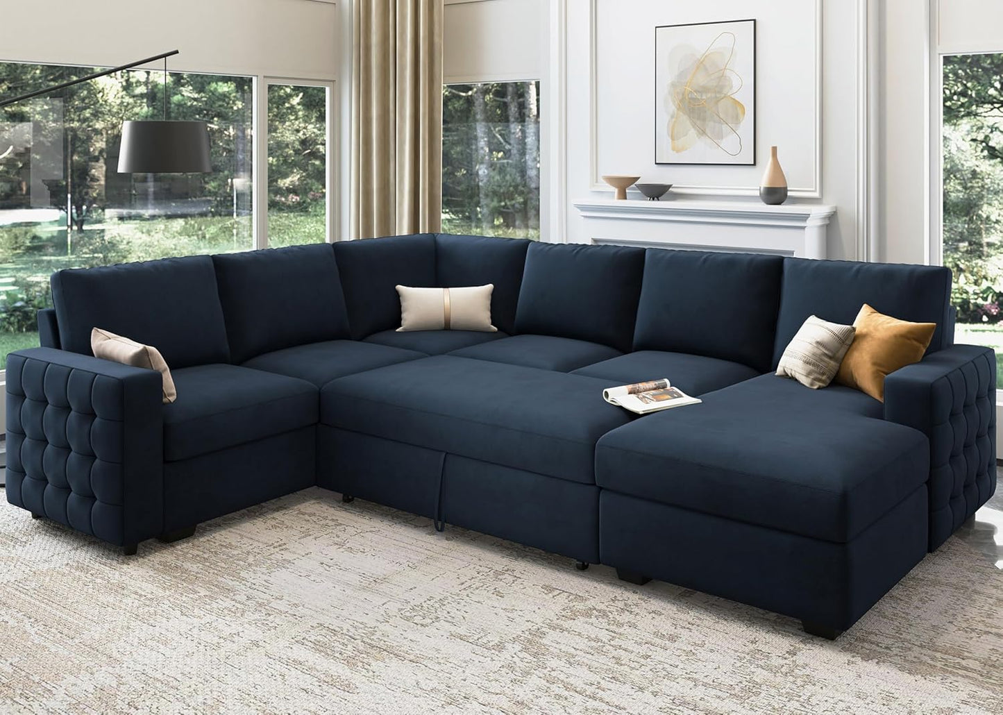 HONBAY Sectional Sleeper Sofa with Pull Out Bed U-Shape Sectional Couch Sleeper Bed with Storage Chaise Lounge Living Room 6 Seater Sectional Sofa Bed,Velvet Dark Blue