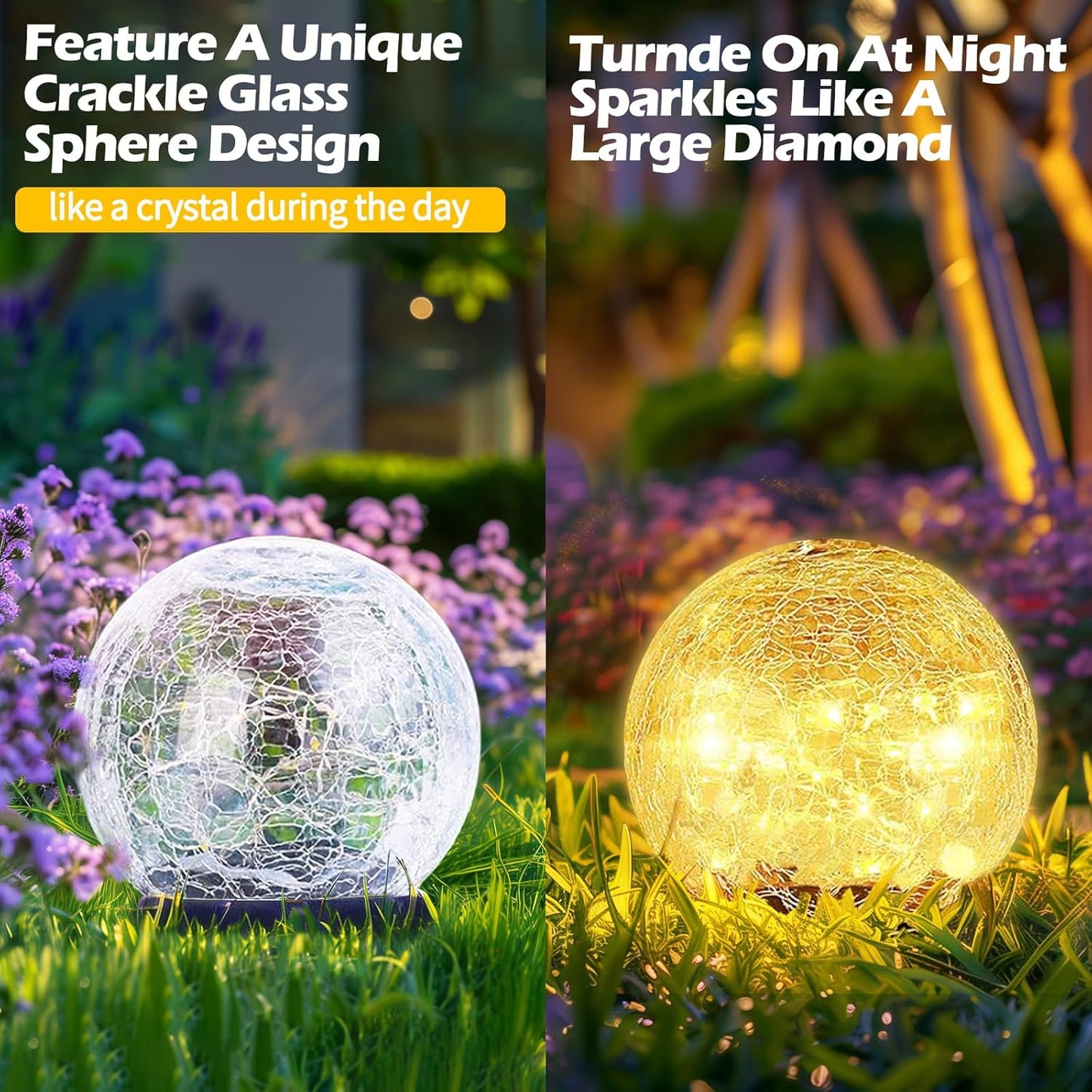 Garden Solar Ball Lights Outdoor Waterproof, 80 LED Cracked Glass Globe Solar Power Ground Lights for Path Yard Patio Lawn, Christmas Decoration Landscape Warm White(2 Pack 5.9'')