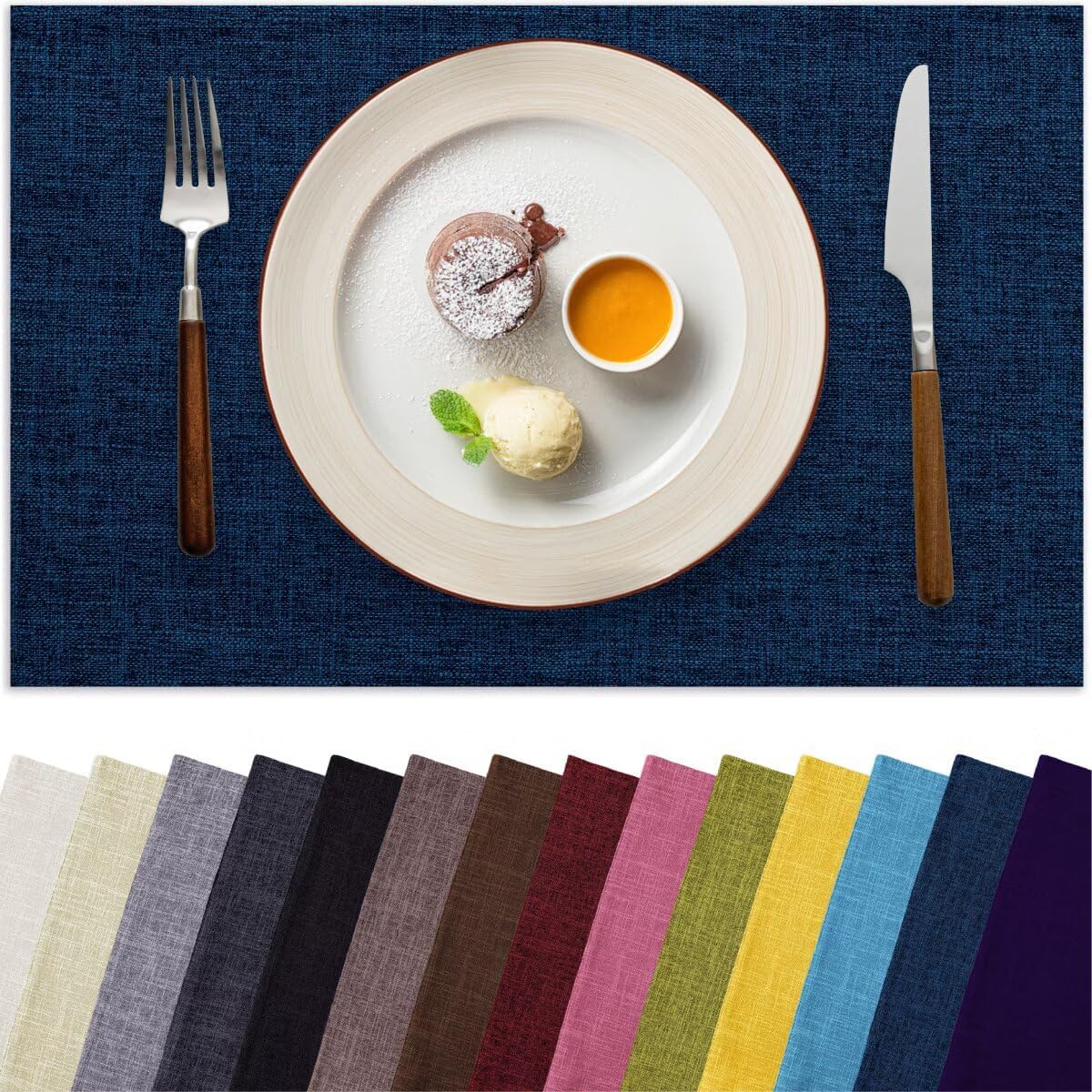 Placemats Set of 6, Bilayer Thickened Linen Place Mats Heat Resistant Machine Washable Wrinkle Free Carefully Selected Polyester Mats for Kitchen/Dining/Coffee Table (Navy Blue)