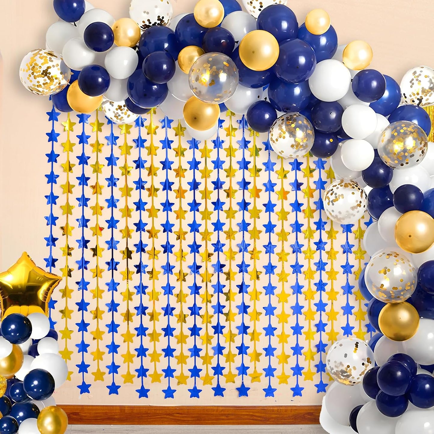 LOLStar 2 Pack Graduation Decoration 2025 3.3 x 6.6 ft Blue Gold Star Each Foil Fringe Tinsel Curtains Backdrop, Navy Blue and Gold Star Streamers for Birthdays, Retirement, Bridal Showers, Banquet