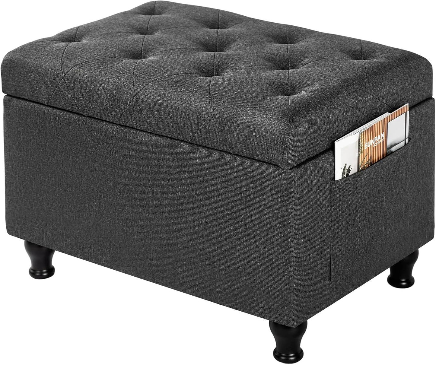 Ottoman with Storage 24'' Storage Ottomans Linen Fabric Ottoman Footstools Small Upholstered Foot Rest Stool for Couch, Living Room, Bedroom, Entrance Shoe Bench Dark Grey