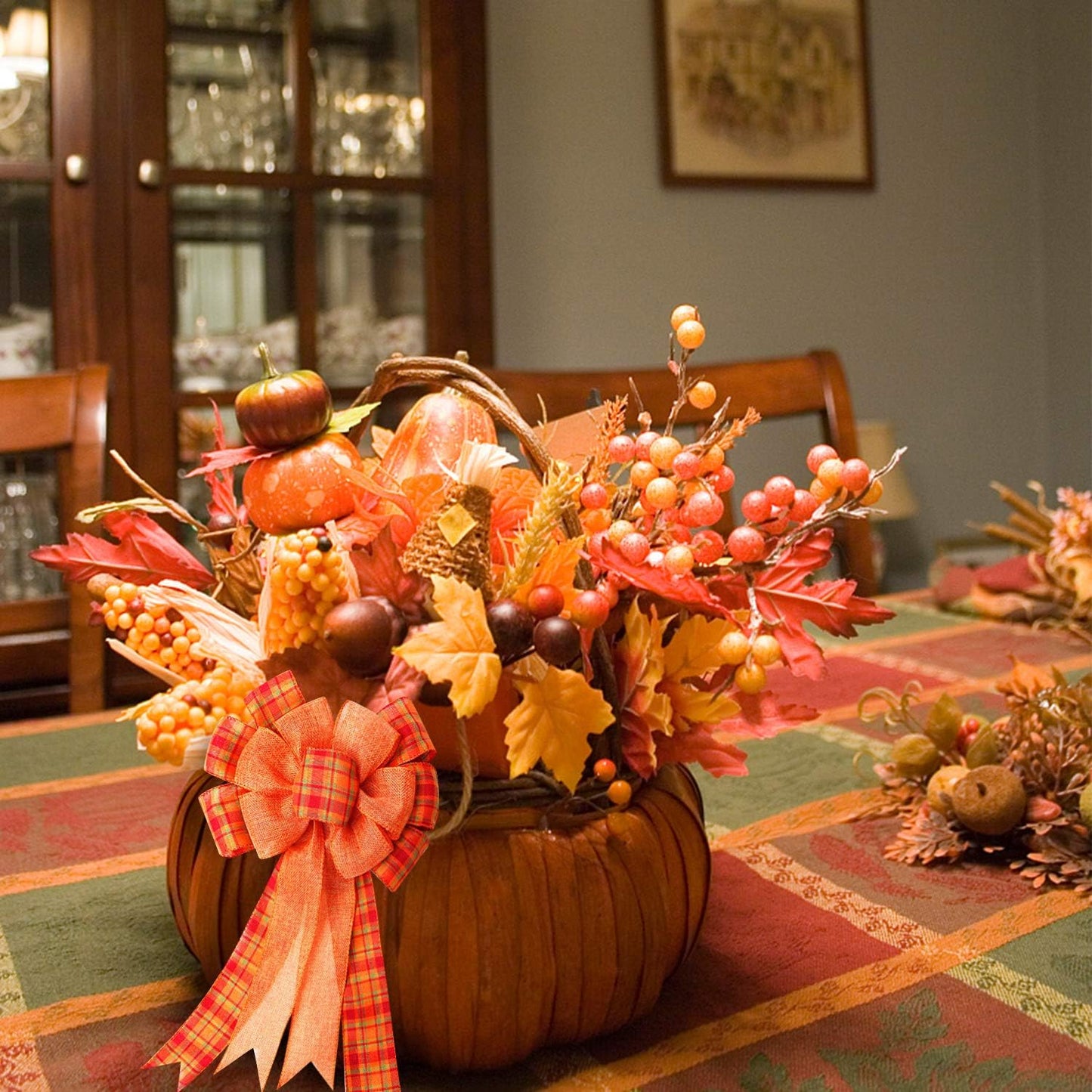 Iceyyyy 3Pcs Large Fall Thanksgiving Wreath Gift Bow -18.8x10.6inch Orange Buffalo Plaid Check Wreath Swag Bow Wreath Pre-Tied Bow for Fall, Thanksgiving, Christmas, Home Indoor Outdoor Ornaments