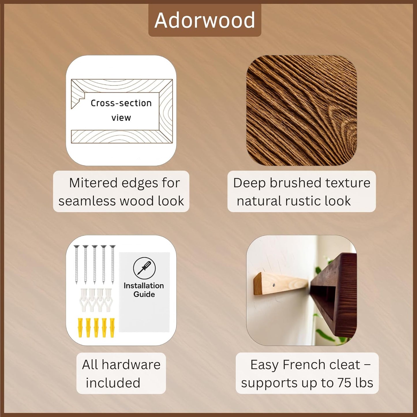 Handmade Fireplace Mantel Shelf, Extra Wide Rustic Wood Mantles for Over Fireplace, Wall Mounted Floating Mantel Shelves for Living Room Decor (Light Walnut, 60 inches)