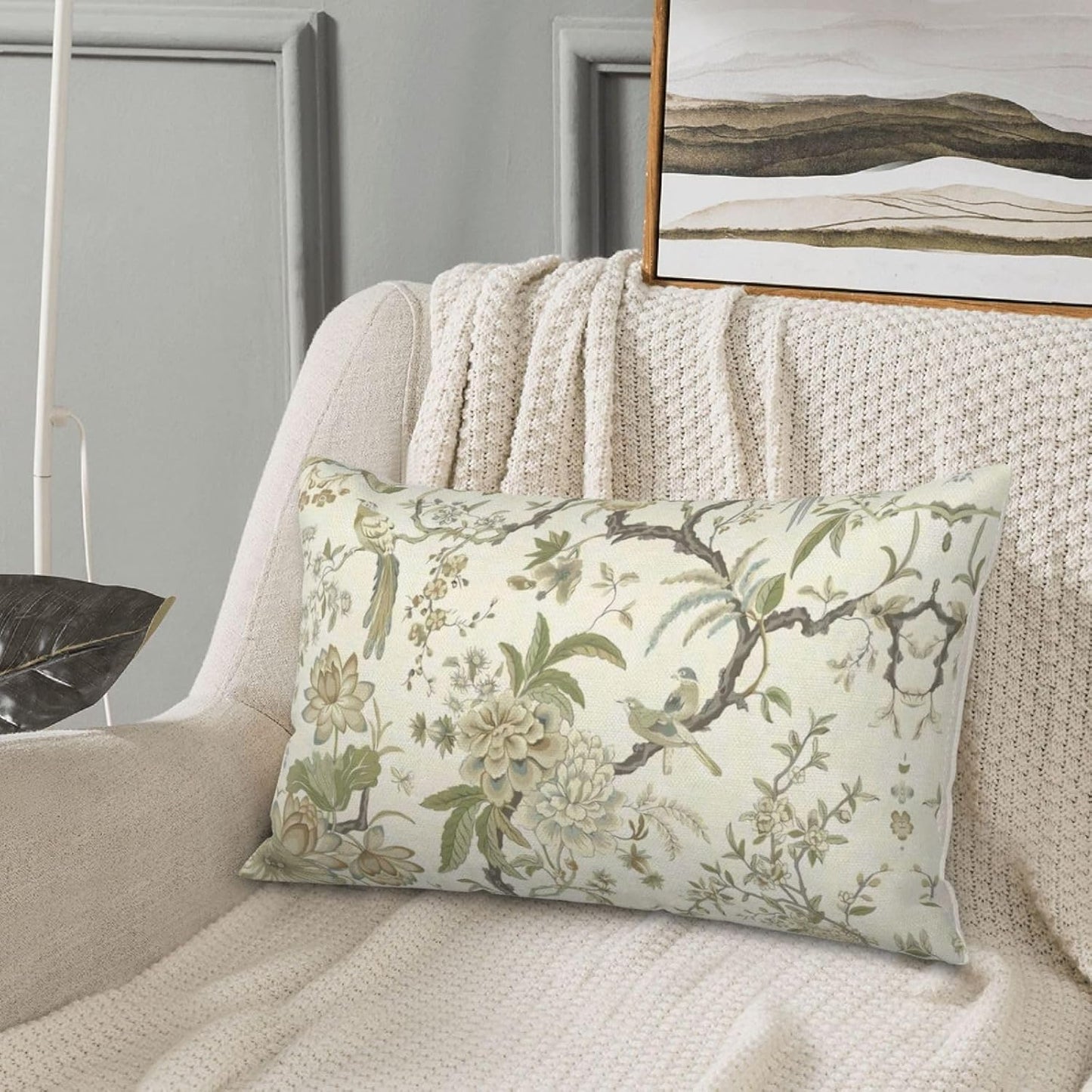 CXMEIFLY Spring Floral Birds Pillow Covers 12 x 20 Inch Set of 2 for Chinoiserie Flowers Decor Throw Pillows Sage Green Plant Outdoor Decorative Cushion Cases for Couch Bed Decorations