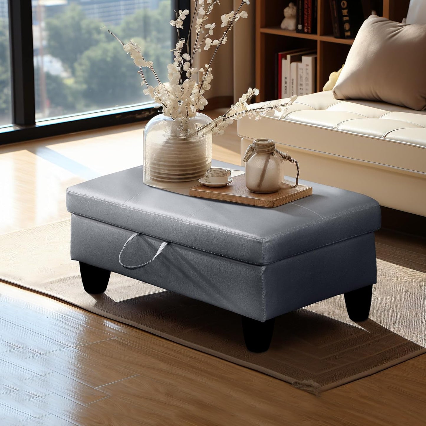 Ottoman Rectangular Storage Ottoman Bench, Faux Leather Footrest, Coffee Table, Stool Footstool with Hinged Lid for Living Room, Bedroom, Entryway, Gray, 28.5"x19"x17.5"