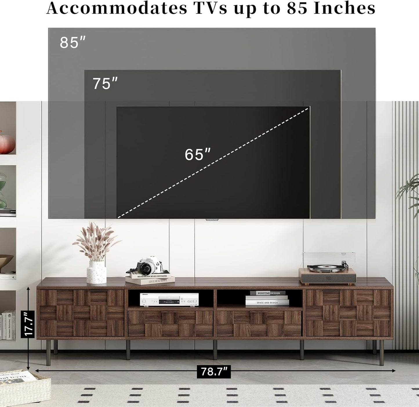Modern TV Stand for TVs up to 85", Mid-Century Media Console with Checkered Cabinet Doors, Storage Drawers & Open Shelves, Wood Entertainment Center with Metal Legs