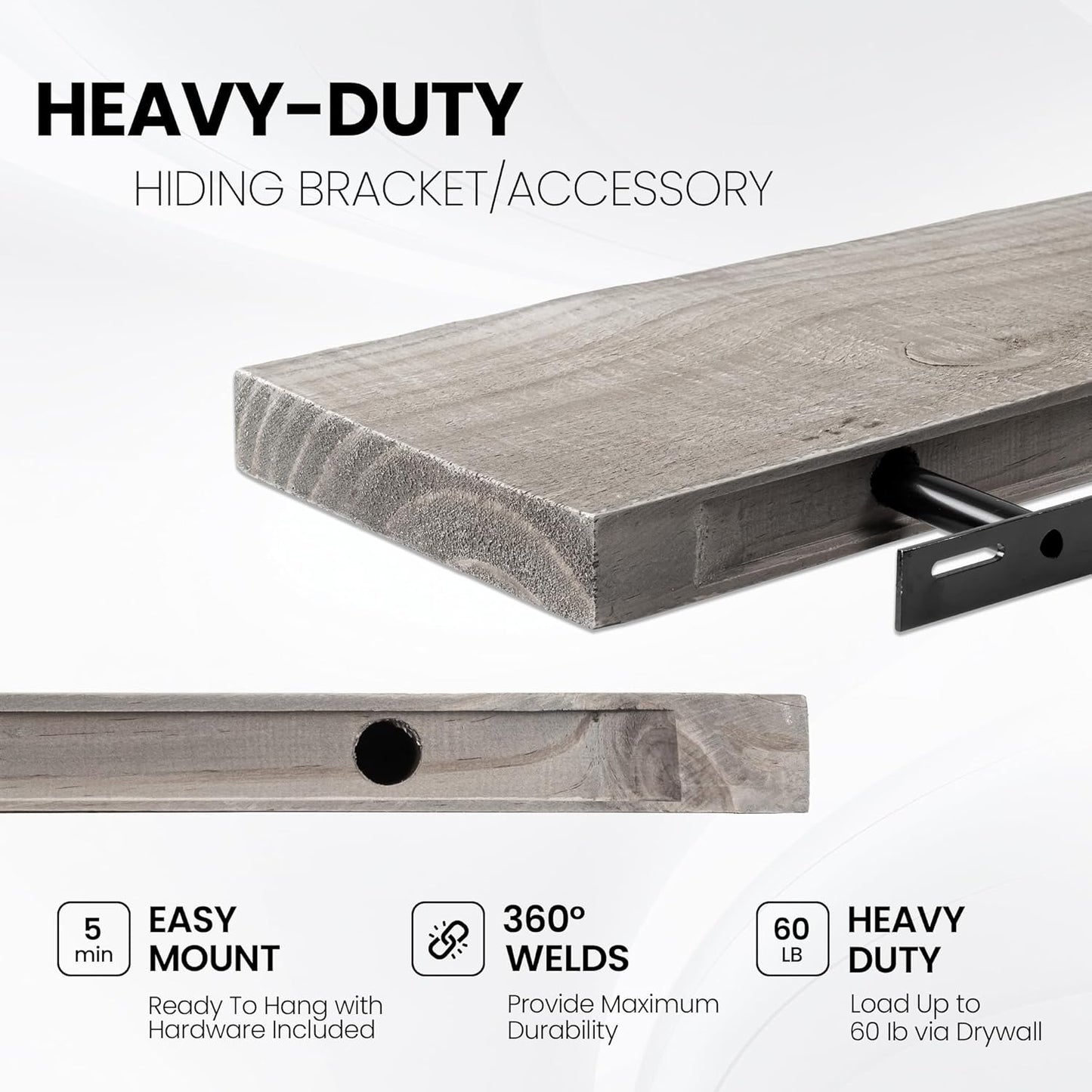 Fun Memories Floating Shelves for Wall Decor, 40"x8" Rustic Reclaimed Wood Shelves, Heavy-Duty Wall Mounted Shelves with Invisible Brackets, Set of 2for Living Room, Bedroom, Kitchen, Grey Finish