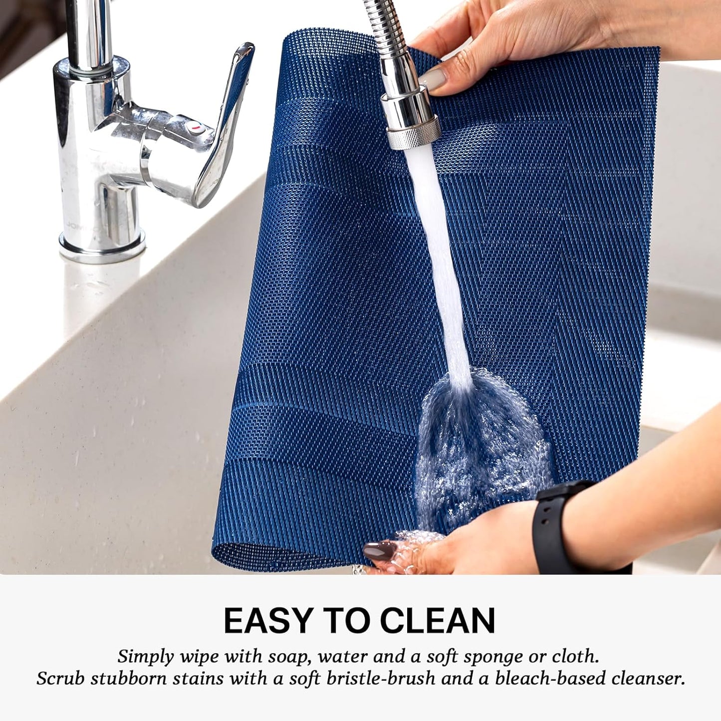 LEXMORE Placemats Set of 8 Vinyl/Plastic Woven Place Mats for Kitchen Table Indoor/Outdoor Washable Placemat Wipeable Dining Table Mats(G-Navy Cube)