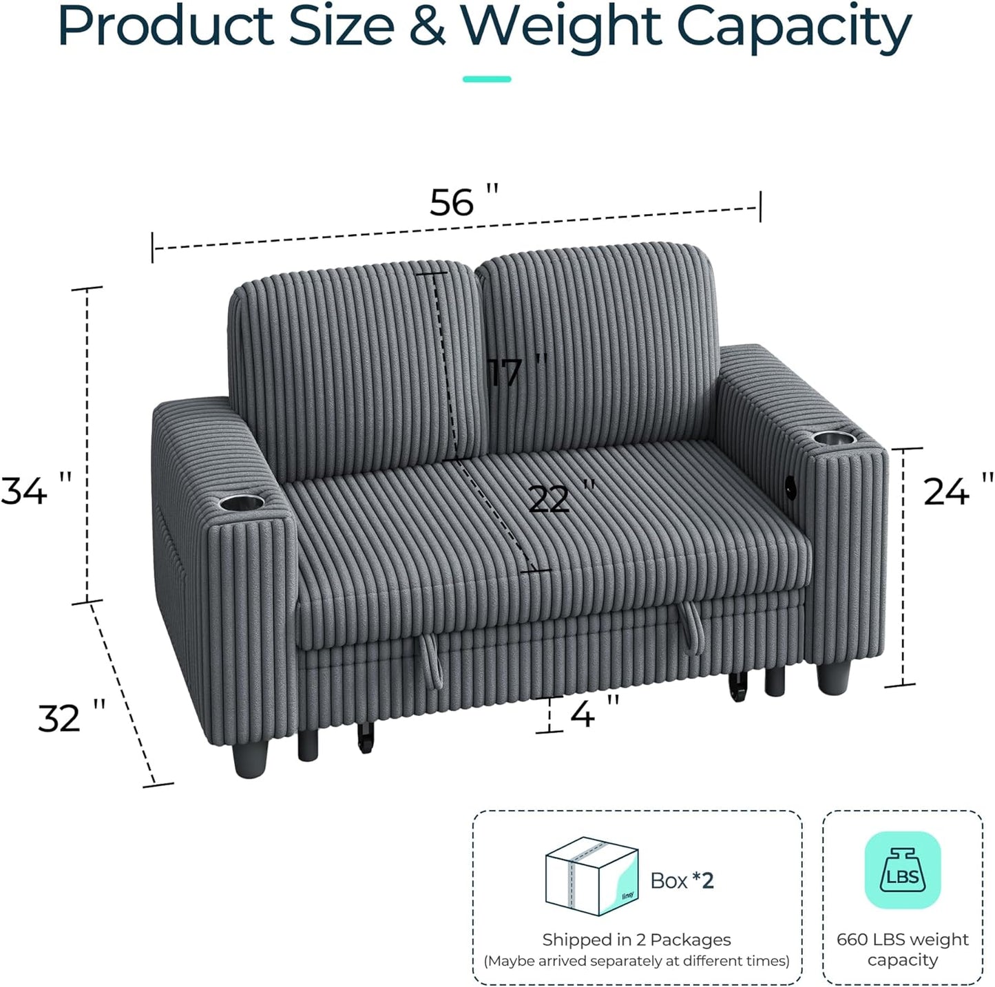 LINSY HOME Loveseat Sofa with Storage - Comfy Plush Corduroy 2 Seater Sofa with USB Charging & Cup Holders, Deep Seat Love Seat for Small Spaces Living Room Bedroom Apartment, Grey