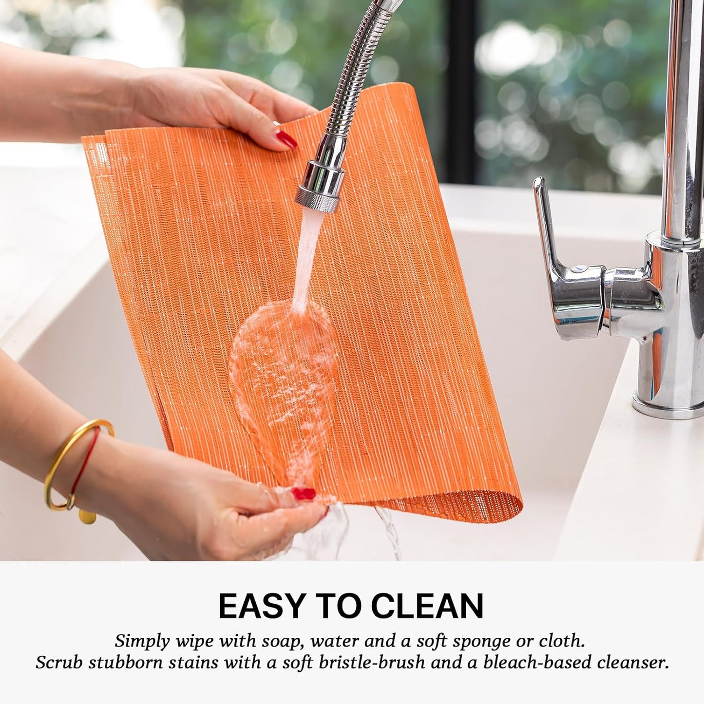 LEXMORE Placemats Set of 4 Vinyl/Plastic Woven Place Mats for Kitchen Table Indoor/Outdoor Washable Placemat Wipeable Dining Table Mats(Orange)