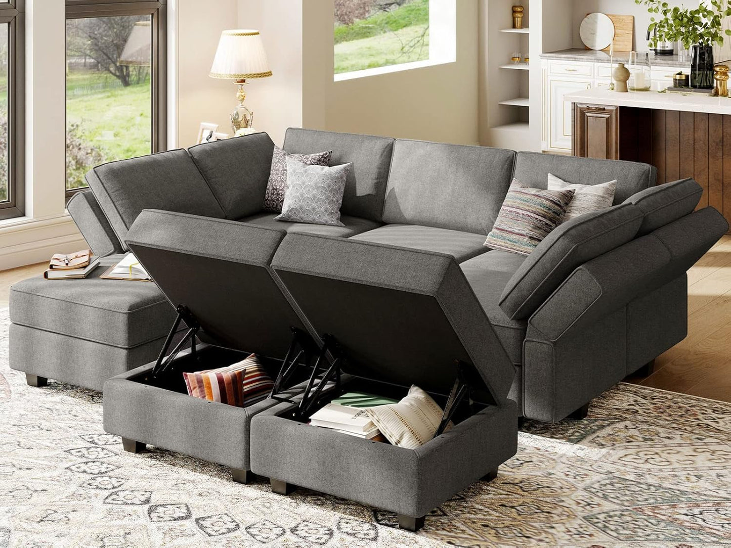Belffin Modular Sectional Sleeper Sofa Couch with Storage Ottoman Convertible Sectional Couches for Living Room Terry Reversible Chaise. Light Grey Sofa