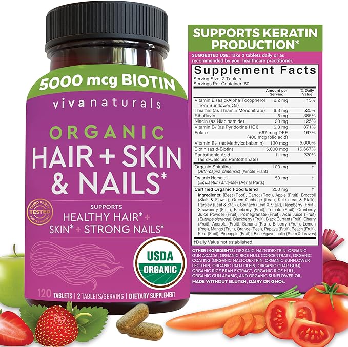 Organic Biotin Vitamins for Hair Skin 5000mcg to 120 Biotin