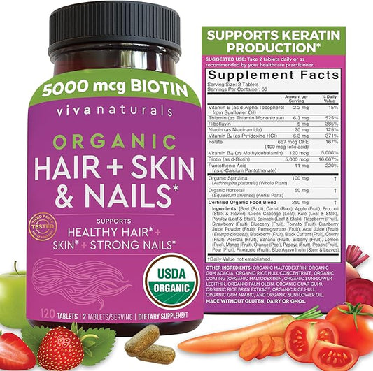 Organic Biotin Vitamins for Hair Skin 5000mcg to 120 Biotin