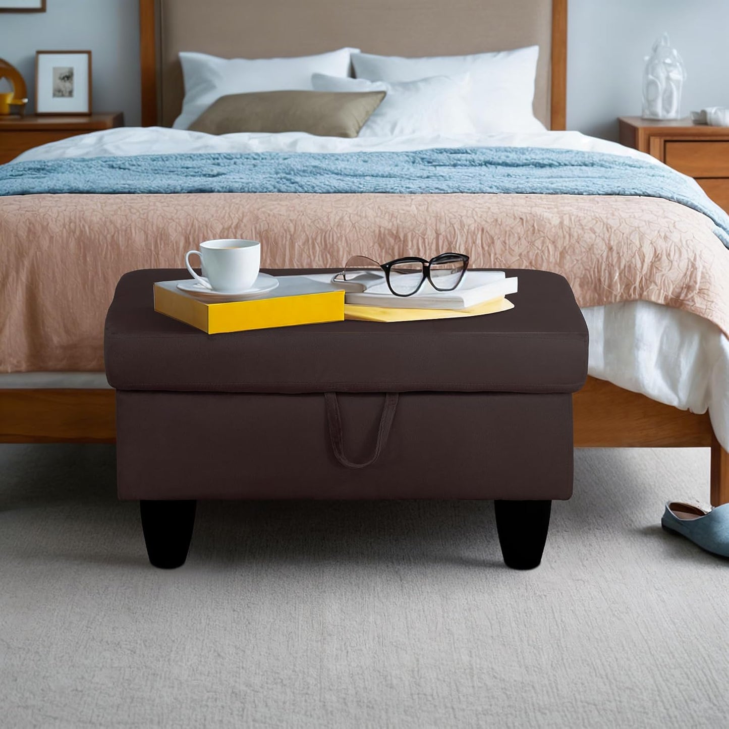 Ottoman Rectangular Storage Ottoman Bench, Flannel Footrest Stool Footstool with Lid for Living Room, Bedroom, Entryway, Dark Coffee, 28.5"x19"x17.5"