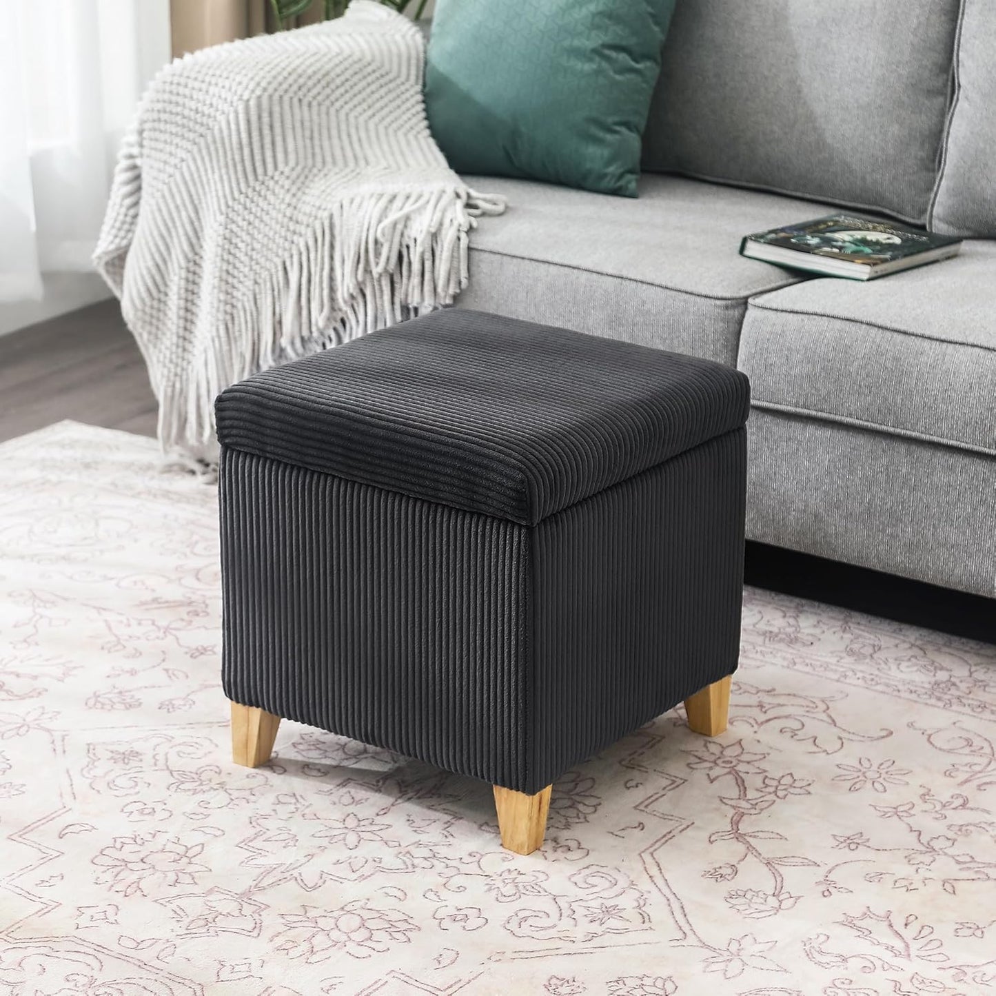 Adeco 18 Inch High Faux Fur Grey Cube Ottoman Storage, Fluffy Striped Velvet Chair Foot Stools, Small Bench Upholstered Vanity Stool with Hinged Lid, Solid Wood Legs
