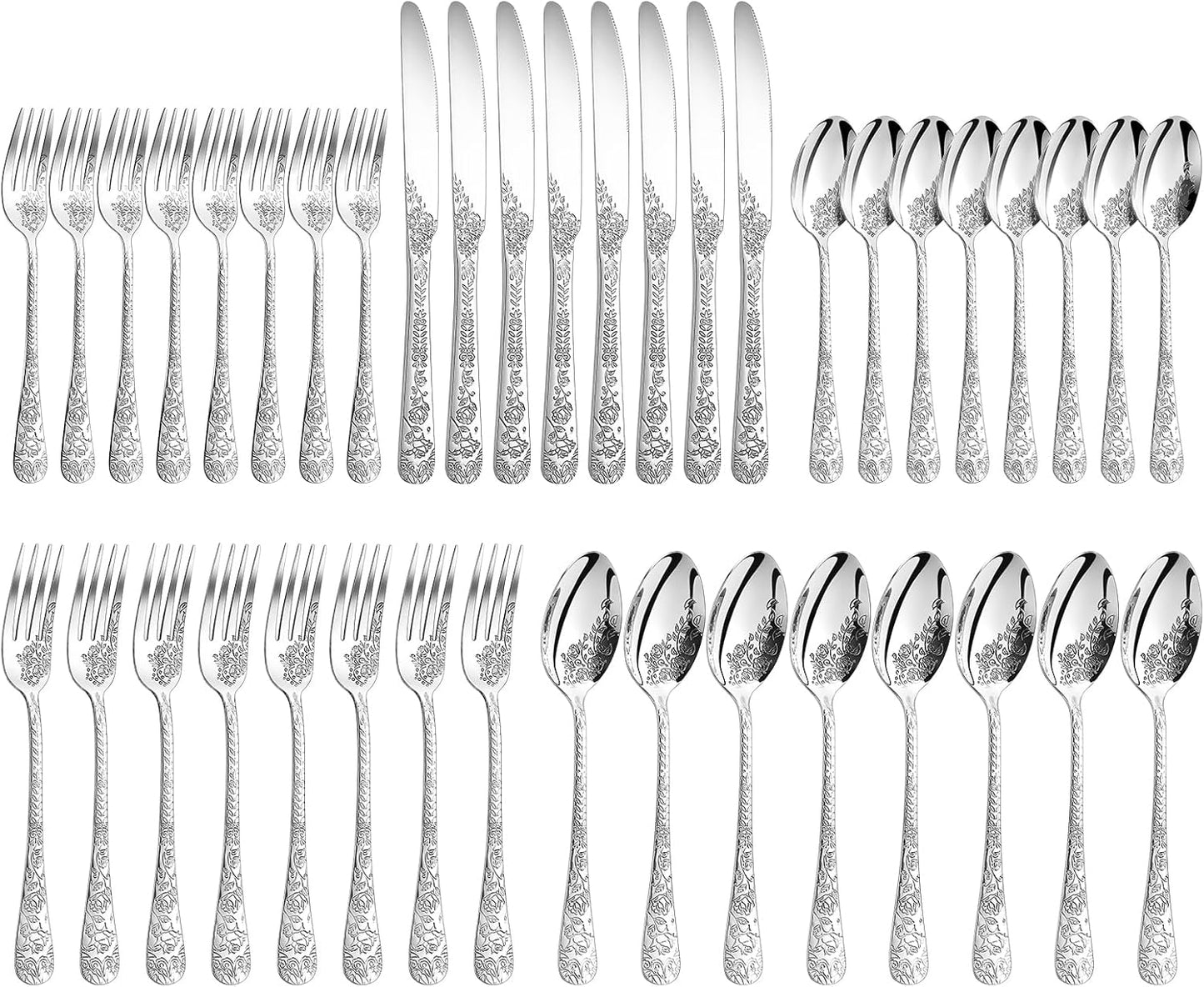 Floral 40 Pcs Silverware Set for 8, Food Grade Stainless Steel Flatware Set with Rose Flower Embossed Design, Eating Utensils Sets Include Fork/Knife/Spoon, Reusable Cutlery Set, Dishwasher Safe