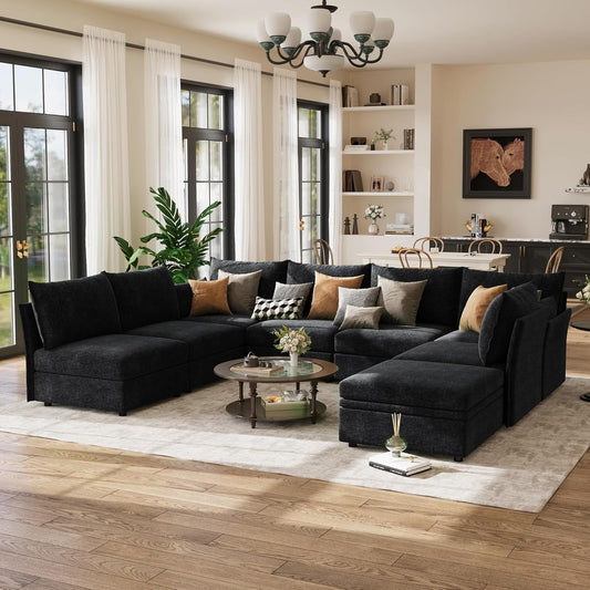 134.6" Modular Sectional Sofa, U Shaped Couch Set for Living Room, Large 8-Seater Comfy Cloud Couches with Movable Storage Ottoman,DIY Combination - Chenille Black