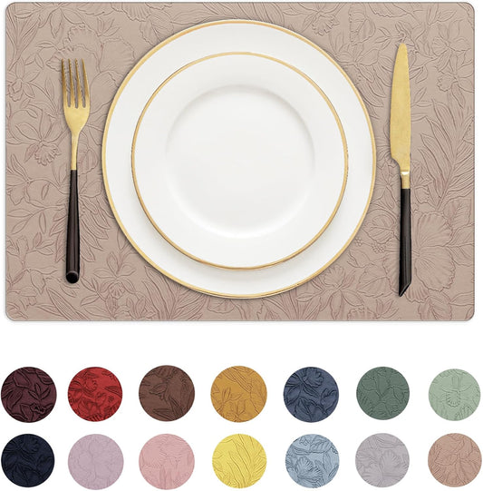 Romanstile Vinyl Placemats Set of 8-12 X 18 Inch - Heat Resistant Non-Slip Embossed Floral Place Mats 100% Waterproof Oilproof Wipeable Faux Leather Table Mats for Kitchen/Dining/Party, Khaki