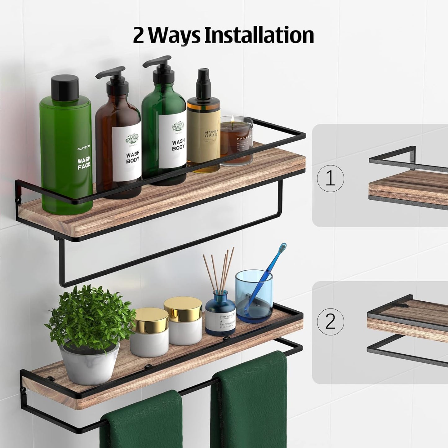 Meangood Floating Shelves Wall Mounted Set of 2, Wall Shelf with Towel Bar Rustic Wood Wall Storage Shelves for Bedroom,Living Room,Bathroom, Kitchen Torched Wood